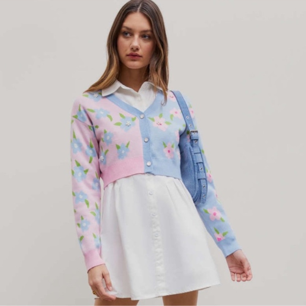 TWO TONE BUTTON UP FLORAL FAUX PEARL CROP CARDIGAN